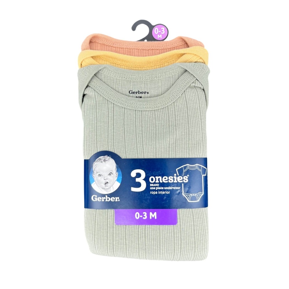 Gerber Onesies Bodysuits Unisex 0-3M Green Yellow Ribbed Cotton 3-Pack NEW